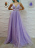 A Line Spaghetti Straps Sweep Train Lavender Tulle Prom Dress With Sequins LBQ2387